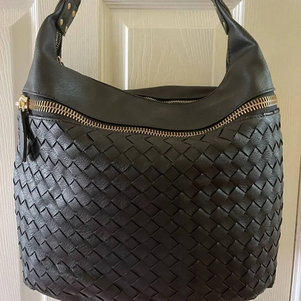 Madison West black faux leather basket weave large hobo bag gold tone hardwares
